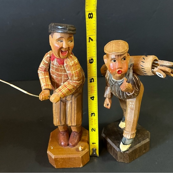 ANRI Wooden Carvings Golf Golfer Figurines Men Swinging Carry Clubs Lot 2x READ - Picture 10 of 11